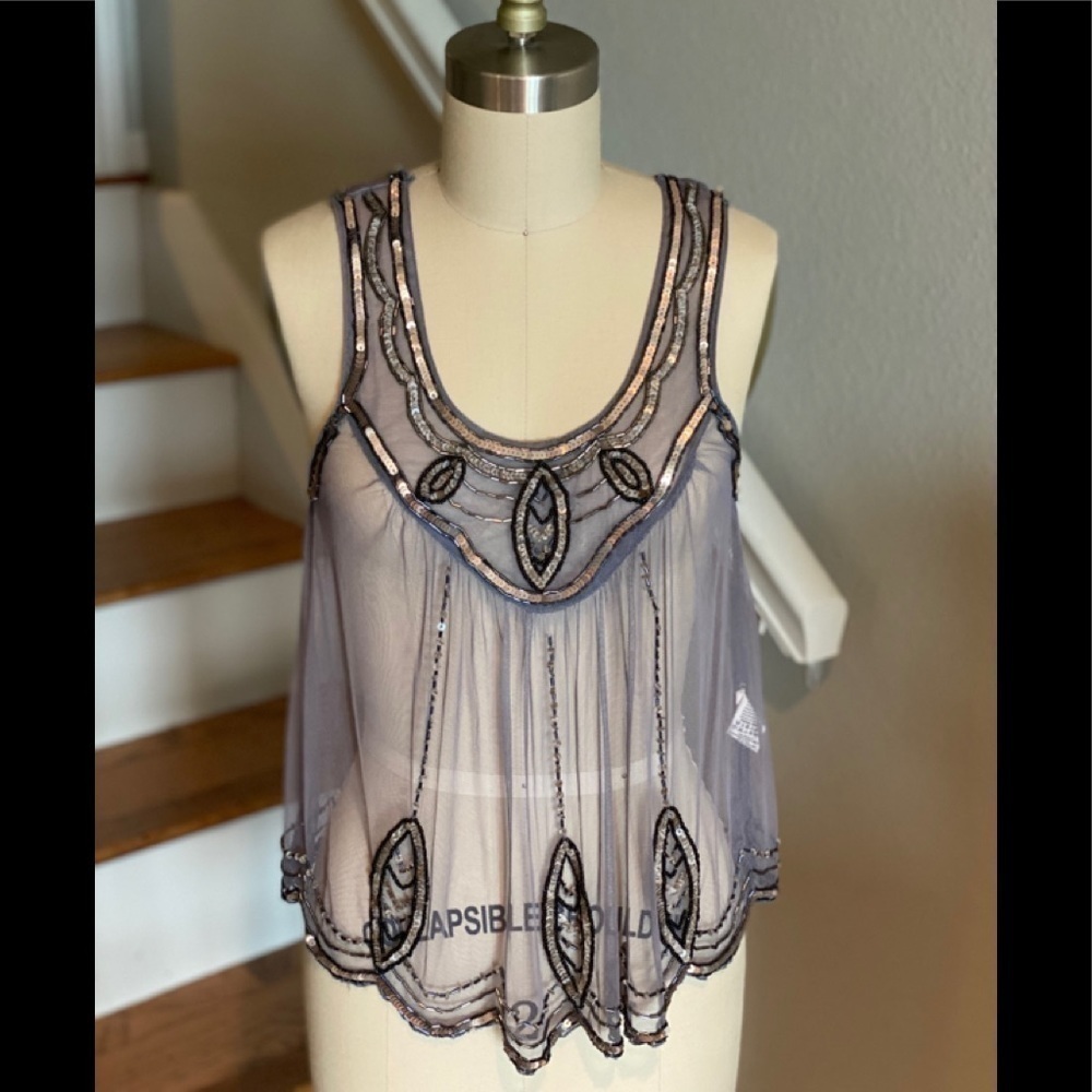 Free People Sheer Embellished Tank Top - Black and Gray